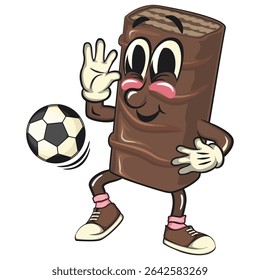chocolate wafer cartoon mascot play football or soccer, high-resolution isolated vector snack character illustration, perfect for dessert branding, or educational materials, work of hand drawn