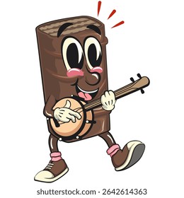 mascote de caricatura de bolacha de chocolate tocando o instrumento musical banjo, ilustração de personagem de lanche de vetor isolado de alta resolução, perfeito para marca de sobremesa, trabalho desenhado à mão