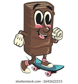 chocolate wafer cartoon mascot playing skateboard, high-resolution isolated vector snack character illustration, perfect for dessert branding, or educational materials, work of hand drawn