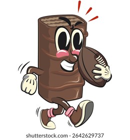 chocolate wafer cartoon mascot playing rugby or american footb, high-resolution isolated vector snack character illustration, perfect for dessert branding, or educational materials, work of hand drawn