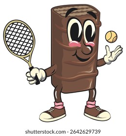 chocolate wafer cartoon mascot playing tennis, high-resolution isolated vector snack character illustration, perfect for dessert branding, or educational materials, work of hand drawn