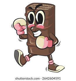 chocolate wafer cartoon mascot practicing boxing wearing boxing glove, high-resolution isolated vector snack character illustration, perfect for dessert branding, work of hand drawn