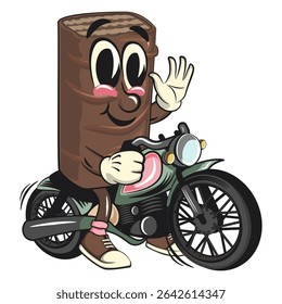 chocolate wafer cartoon mascot riding a big motorcycle, high-resolution isolated vector snack character illustration, perfect for dessert branding, or educational materials, work of hand drawn