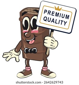 chocolate wafer cartoon mascot with a sign that says premium quality, high-resolution isolated vector snack character illustration, perfect for dessert branding, work of hand drawn
