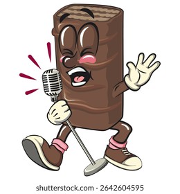 mascote de caricatura de bolacha de chocolate cantando com grande emoção, ilustração de personagem de lanche de vetor isolado de alta resolução, perfeito para marca de sobremesa, ou materiais educativos, trabalho desenhado à mão