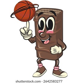 chocolate wafer cartoon mascot spin the basketball with the index finger, high-resolution isolated vector snack character illustration, perfect for dessert branding, work of hand drawn