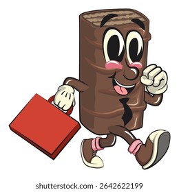 chocolate wafer cartoon mascot with a suitcase rushing to the office, high-resolution isolated vector snack character illustration, perfect for dessert branding, work of hand drawn