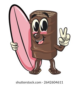 mascote de caricatura de bolacha de chocolate com prancha de surfe e deu um sinal de paz, ilustração de personagem de lanche de vetor isolado de alta resolução, perfeito para marca de sobremesa, trabalho desenhado à mão