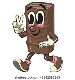 chocolate wafer cartoon mascot walking with peace sign, high-resolution isolated vector snack character illustration, perfect for dessert branding, or educational materials, work of hand drawn