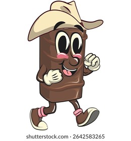 chocolate wafer cartoon mascot walking wearing a cowboy hat, high-resolution isolated vector snack character illustration, perfect for dessert branding, or educational materials, work of hand drawn