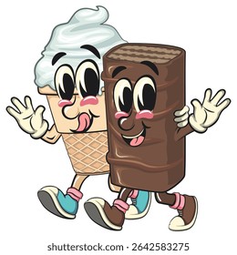 chocolate wafer cartoon mascot walking with a ice cream cone, high-resolution isolated vector snack character illustration, perfect for dessert branding, or educational materials, work of hand drawn