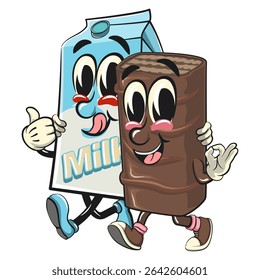 chocolate wafer cartoon mascot walking with the cute milk box character giving a thumbs up, high-resolution isolated vector snack character illustration, work of hand drawn