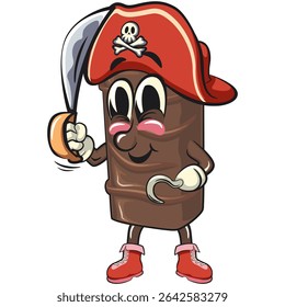 chocolate wafer cartoon mascot wearing a pirate hat while holding a machete and using hooks, high-resolution isolated vector snack character illustration, work of hand drawn