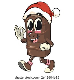 chocolate wafer cartoon mascot wearing a Santa Claus hat, high-resolution isolated vector snack character illustration, perfect for dessert branding, or educational materials, work of hand drawn