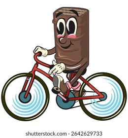 chocolate wafer cartoon mascotenjoy riding a bike, high-resolution isolated vector snack character illustration, perfect for dessert branding, or educational materials, work of hand drawn