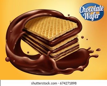 Chocolate wafer design element, crunchy cookie with chocolate syrup revolving it isolated on yellow background in 3d illustration