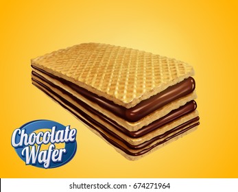 Chocolate wafer design element, crunchy cookie with chocolate syrup fillings isolated on yellow background in 3d illustration