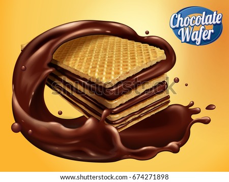 Chocolate wafer design element, crunchy cookie with chocolate syrup revolving it isolated on yellow background in 3d illustration