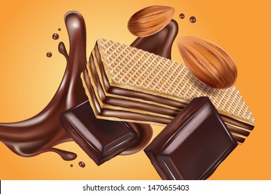 Chocolate wafer flavor tasty in the middle isolated on solid color background. Vector realistic in 3d illustration. Food concept.