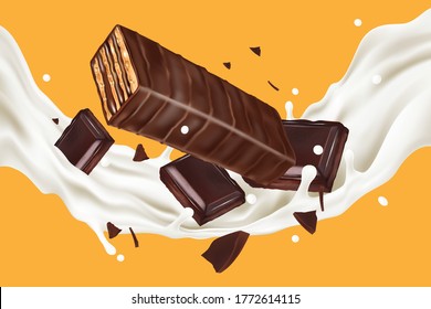 Chocolate wafer flavor tasty in the middle isolated on solid color background. Vector realistic in 3d illustration. Food concept.