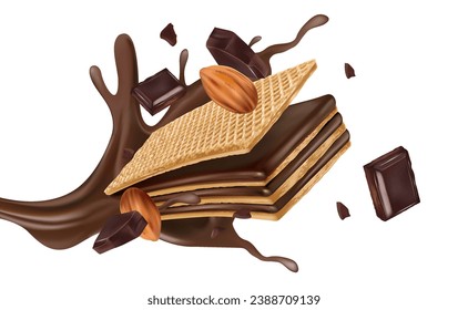 Sabor a wafer de chocolate sabroso en el medio aislado de fondo blanco. Vector realista en ilustración 3d. El concepto de comida.