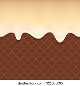 Chocolate wafer and flowing vanilla cream - vector background. Sweet waffle texture. Soft icing.