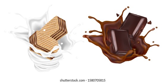 Chocolate wafer and Milk splashing in the middle isolated on white background, Vector realistic in 3d illustration. Food concept.