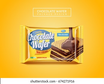Chocolate wafer package design, delicious cookie package design isolated on yellow background in 3d illustration