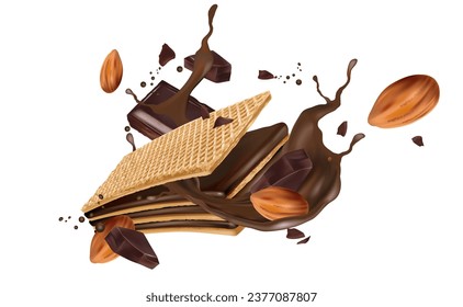 La wafer de chocolate salpicando en el centro sobre fondo blanco. Vector realista en ilustración 3d.