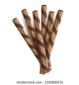 Chocolate wafer straws cartoon on white background.