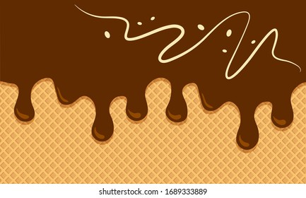 Chocolate waffle background with ice cream flowing down, wafer textured. Vector illustration