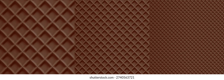 Chocolate waffle bg of diagonal texture, wafer cookie pattern. Biscuit cake square vector and fabric lattice set, icecream cone summer stroopwafel. Waffel bite caramel of seamless backdrop, 3d pancake