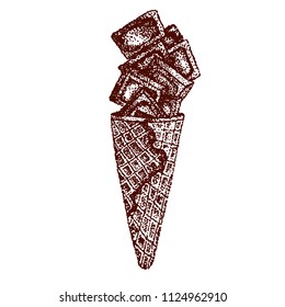 Chocolate waffle chocolate horn filled with chocolate vector illustration hand-drawn