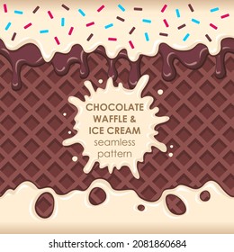 Chocolate waffle with melting ice cream. A creamy drop. Seamless pattern.