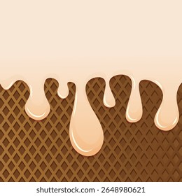 Chocolate waffle texture with creamy glaze dripping from the top. Perfect for dessert packaging, bakery design, candy wrappers, or sweet food backgrounds. Vector illustration.