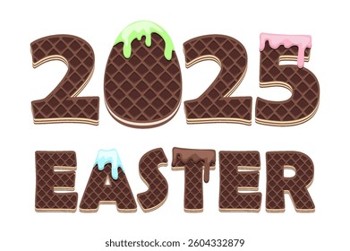 Chocolate Wafflers text Easter 2025. Greeting card, sticker or print for your design. Cartoon stylized letters like wafers. Greeting card text template.