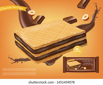 Chocolate waffles cookies Vector realistic. Product placement mock up. Sweet dessert chocolate splash label design. 3d illustration