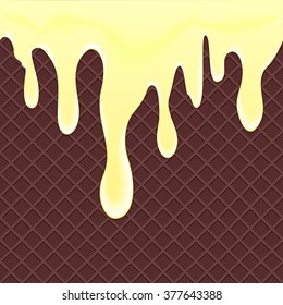 Chocolate waffles seamless background with flowing cream or banana jam or souffle, vector