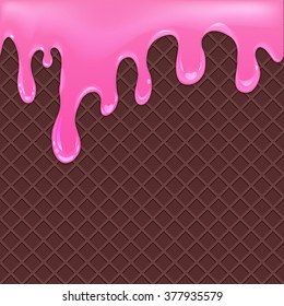 Chocolate waffles seamless background with flowing raspberries jam, vector