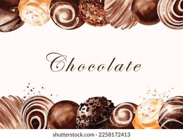 Chocolate watercolor vector background. Collection of chocolates design for poster, template, greetings, card, invitation, flyer, banner.