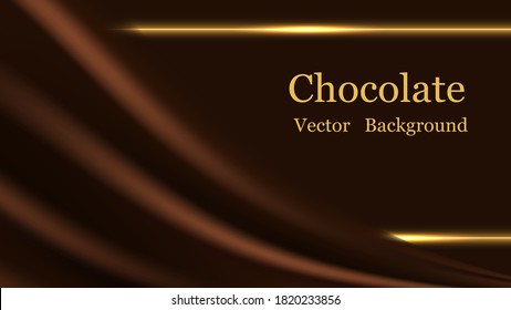 Chocolate wave background. Dark brown creamy chocolate, shiny silk  texture. Smooth color flow effect. Abstract vector background for elegant modern poster or banner with golden glowing borders.
