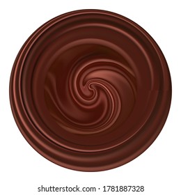 Chocolate wave emblem, logo or icon. Round shape sign with swirly wave, dark brown chocolate texture, realistic color flowing effect. Vector illustration