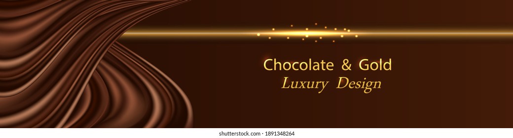 Chocolate wave silk luxury background with golden glowing border line.  Dark brown chocolate satin curtain and gold, Banner design, vector illustration