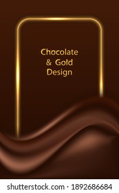 Chocolate wave silk luxury background with golden glowing border line.  Dark brown chocolate satin curtain and gold, Banner or poster design, vector illustration