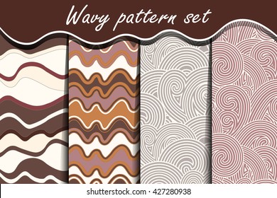 Chocolate waves seamless pattern set. Vector illustration for abstract aqua design. Endless texture can be used for fills, web page background, surface. Collection of wallpaper with waves