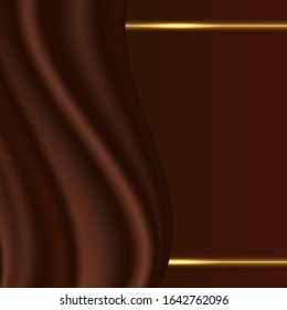 Chocolate wavy abstract background with smooth satin texture and golden glowing separator lines. Vector illustration