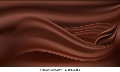 Chocolate wavy background. Milk chocolate wave and swirl, smooth satin texture, color flowing. Abstract vector illustration