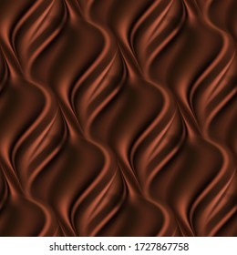 Chocolate wavy pattern. Smooth satin fabric texture, choco  waves and swirls, dark brown color flow. Abstract background, vector illustration.