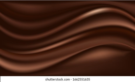 Chocolate wavy swirl background. Abstract satin chocolate waves, brown color flow. Vector illustration