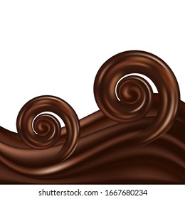 Chocolate wavy swirl background. Abstract satin chocolate waves, spiral color flow. Vector illustration